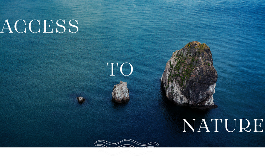 A photograph of small rocky island outcrops amidst the ocean. With overlaid text reading 'Access to Nature'